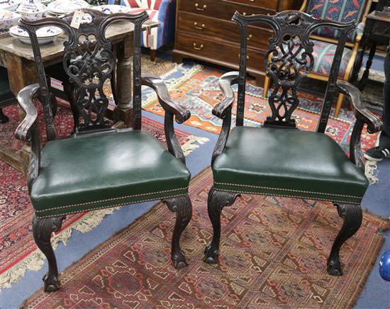 A set of six Chippendale Revival mahogany dining chairs with green leather seats (2 with arms)